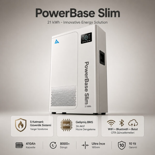 10 Mukashi PowerBase Slim 48V 21kWh Home Energy Storage Battery 51.2V 410Ah Wall/Floor-Mounted IP52 WiFi Bluetooth LiFePO4 Residential Battery
