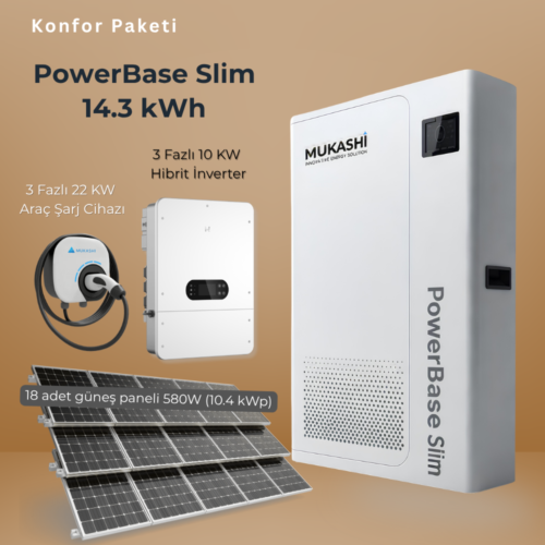 Mukashi Sistem Çözümü Konfor Paketi - PowerBase Slim 14.3kWh, 10kW üç fazlı hibrit inverter, 22kW EV şarj cihazı, 18x 580W güneş paneli