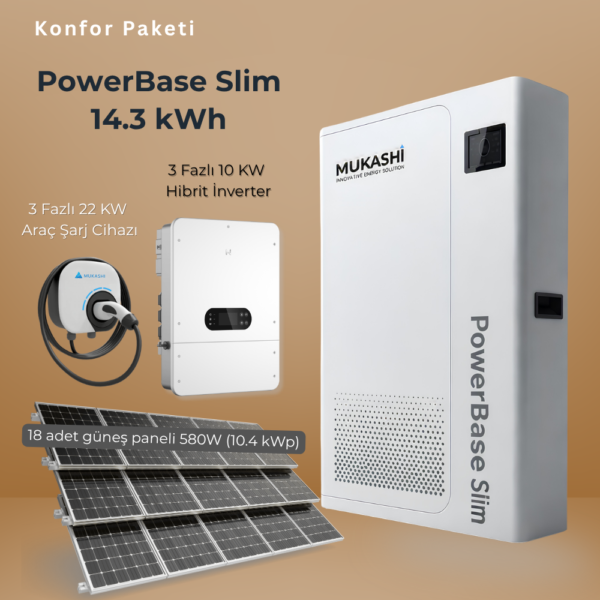 14,3kwh set Mukashi Sistem Çözümü Konfor Paketi - PowerBase Slim 14.3kWh, 10kW üç fazlı hibrit inverter, 22kW EV şarj cihazı, 18x 580W güneş paneli