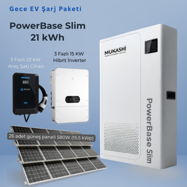 Mukashi Sistem Çözümü Gece EV Şarj Paketi - PowerBase Slim 21kWh, 15kW üç fazlı hibrit inverter, 22kW EV şarj cihazı, 26x 580W güneş paneli