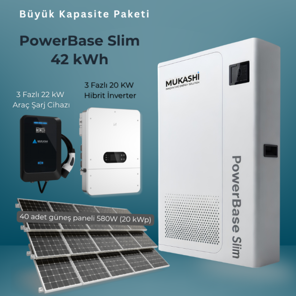 Mukashi Sistem Çözümü Büyük Kapasite Paketi - PowerBase Mega 42kWh, 20kW üç fazlı hibrit inverter, 22kW EV şarj cihazı, 40x 580W güneş paneli