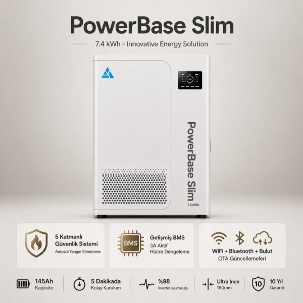 6 Mukashi PowerBase Slim 48V 7.4kWh Home Energy Storage Battery 51.2V 145Ah Wall/Floor-Mounted IP52 WiFi Bluetooth LiFePO4 Residential Battery