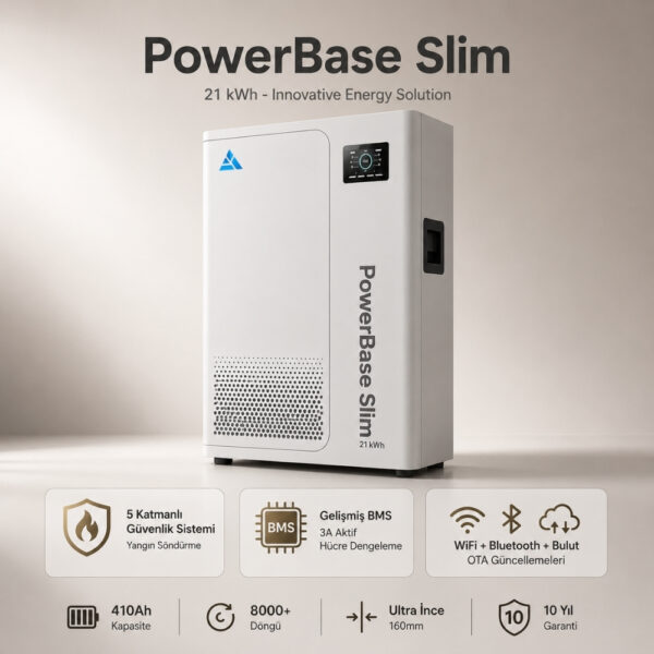 8 Mukashi PowerBase Slim 48V 21kWh Home Energy Storage Battery 51.2V 410Ah Wall/Floor-Mounted IP52 WiFi Bluetooth LiFePO4 Residential Battery