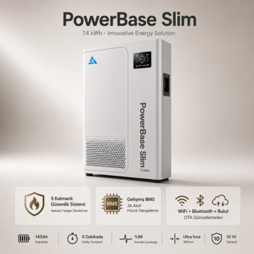 Mukashi PowerBase Slim 48V 7.4kWh Home Energy Storage Battery 51.2V 145Ah Wall/Floor-Mounted IP52 WiFi Bluetooth LiFePO4 Residential Battery