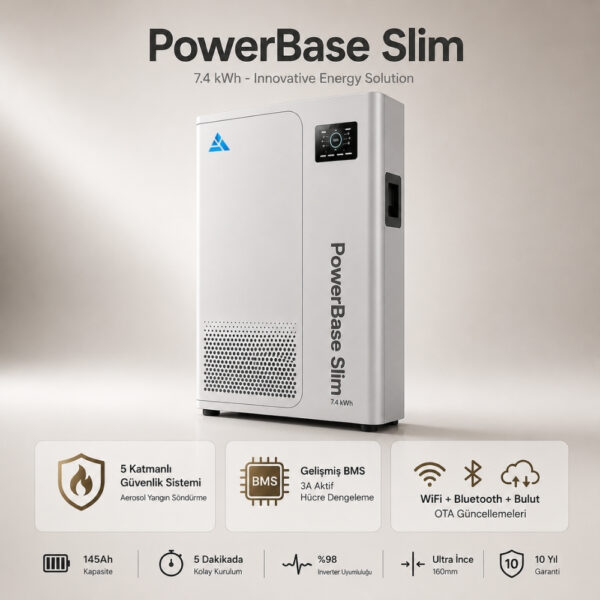 9 Mukashi PowerBase Slim 48V 7.4kWh Home Energy Storage Battery 51.2V 145Ah Wall/Floor-Mounted IP52 WiFi Bluetooth LiFePO4 Residential Battery