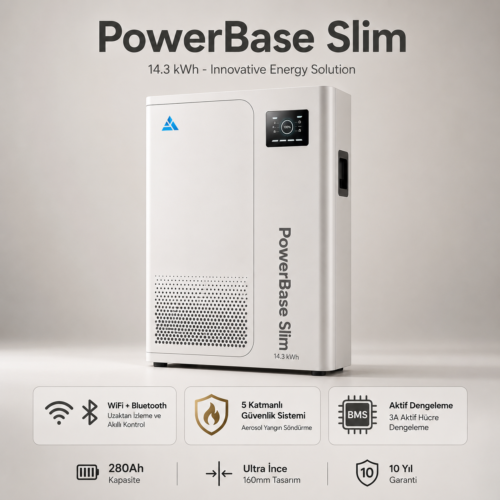 Mukashi PowerBase Slim 48V 14.3kWh Home Energy Storage Battery 51.2V 280Ah Wall/Floor-Mounted IP52 WiFi Bluetooth LiFePO4 Residential Battery