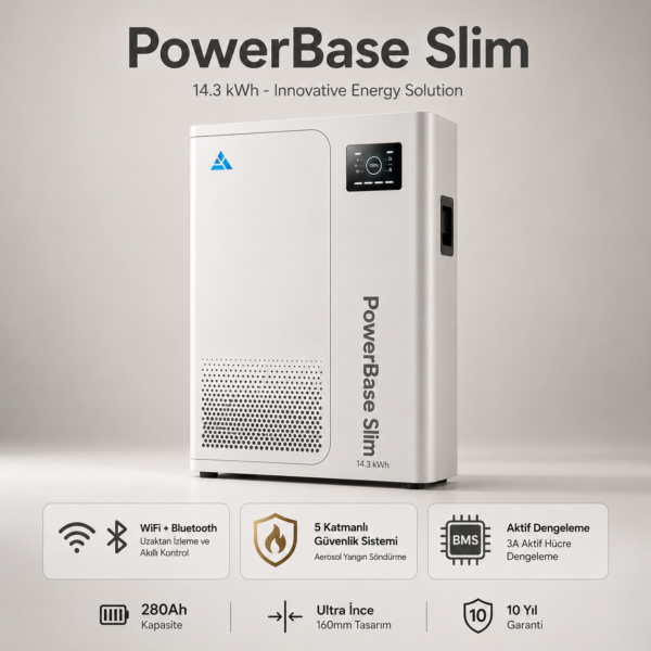 Mukashi PowerBase Slim 48V 14.3kWh Home Energy Storage Battery 51.2V 280Ah Wall/Floor-Mounted IP52 WiFi Bluetooth LiFePO4 Residential Battery