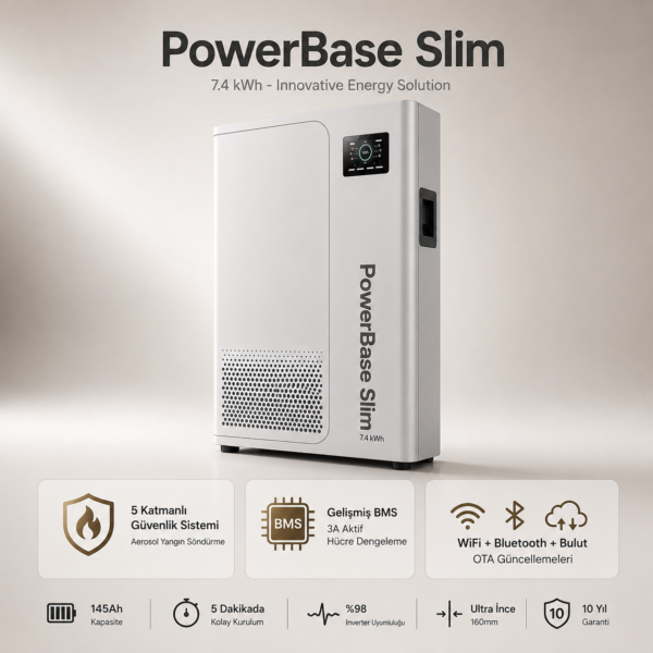 Image 19 Tem 2026 00_05_54 Mukashi PowerBase Slim 48V 7.4kWh Home Energy Storage Battery 51.2V 145Ah Wall/Floor-Mounted IP52 WiFi Bluetooth LiFePO4 Residential Battery
