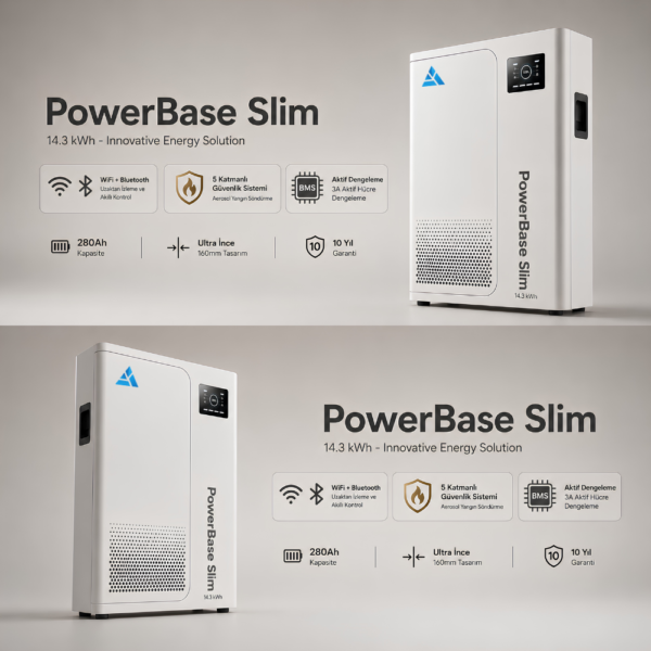 Mukashi PowerBase Slim 48V 14.3kWh Home Energy Storage Battery 51.2V 280Ah Wall/Floor-Mounted IP52 WiFi Bluetooth LiFePO4 Residential Battery